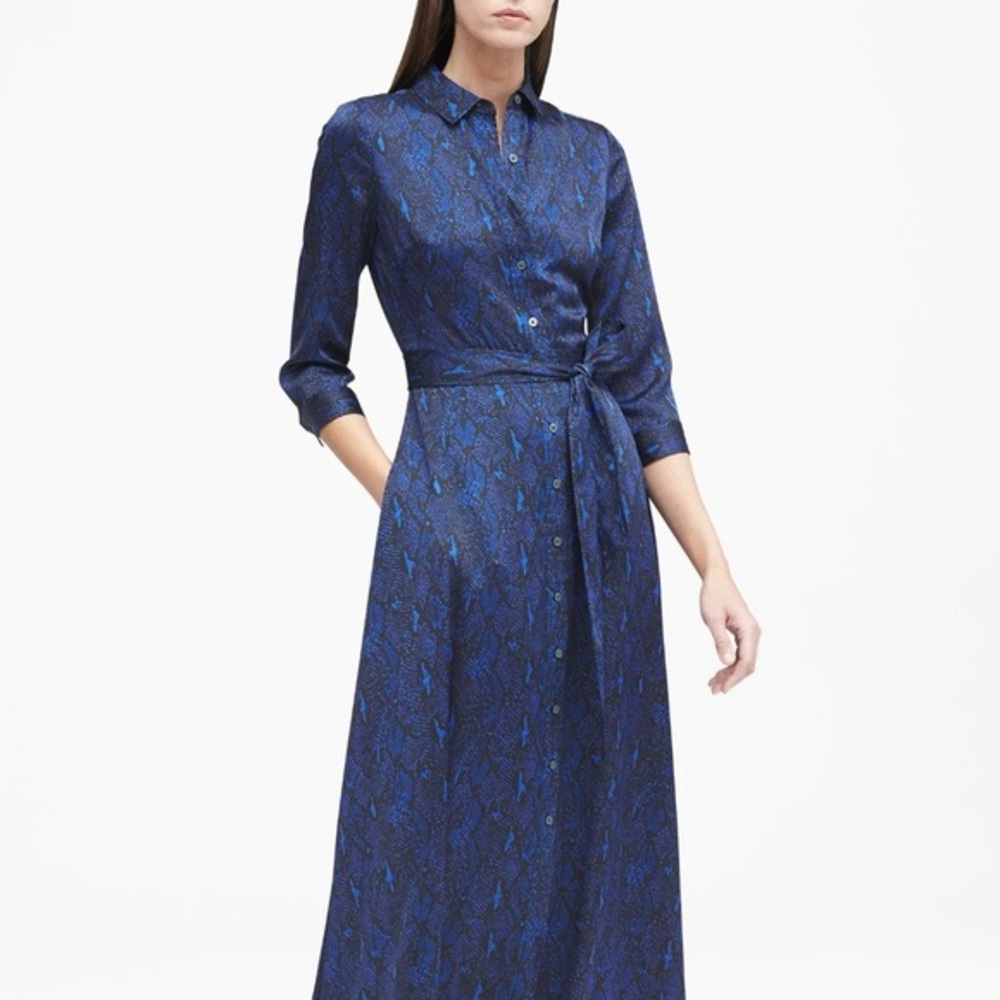 Banana Republic Blue Black Snakeskin Print Satin Belted Maxi Dress Sz 8